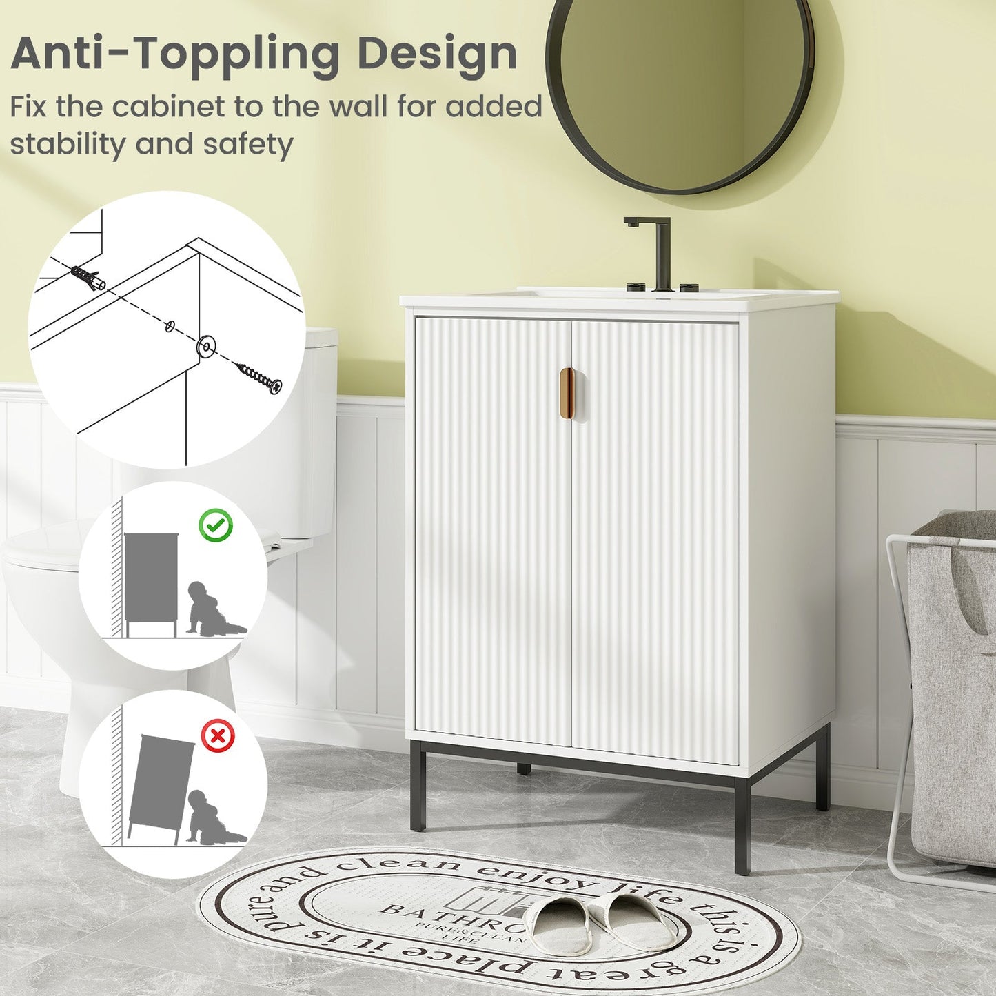 Tocador de Baño de 24 Pulgadas con Lavabo y Estante Ajustable - Blanco