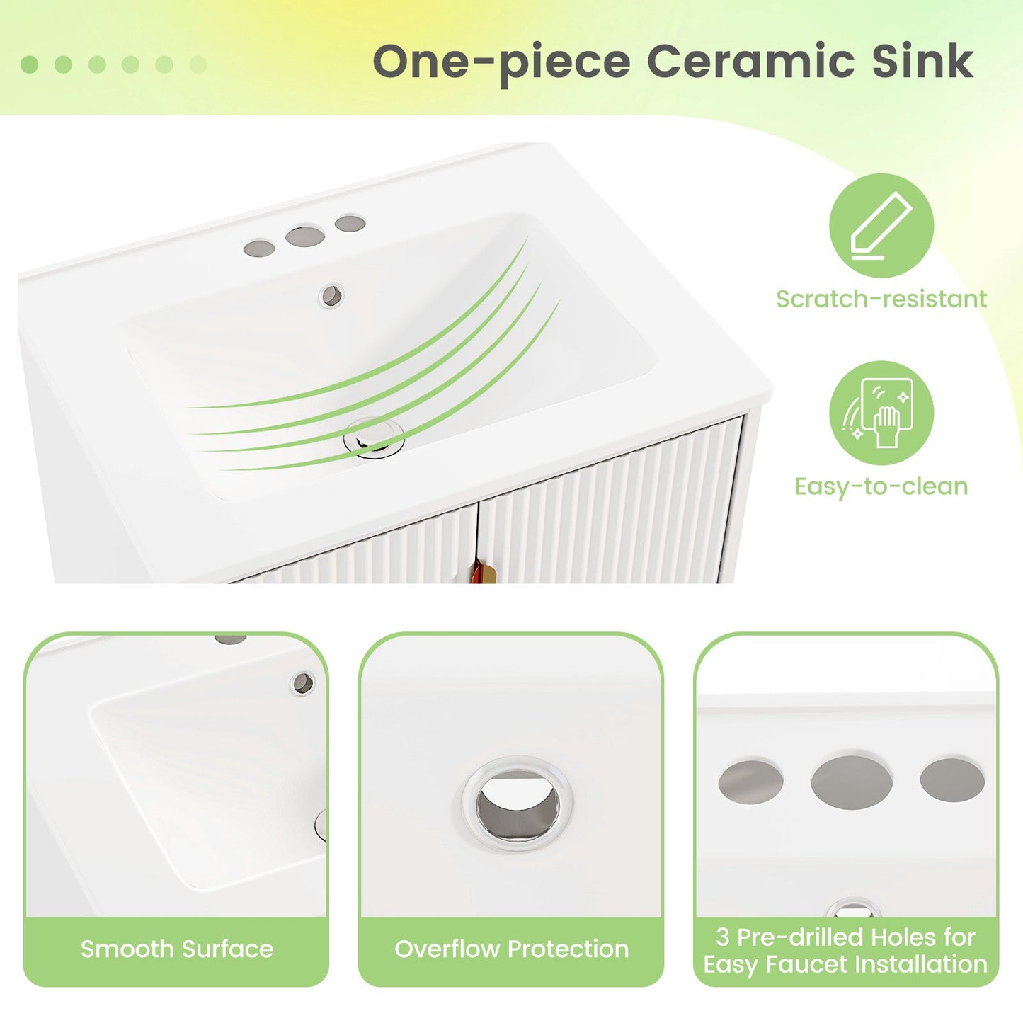 Tocador de Baño de 24 Pulgadas con Lavabo y Estante Ajustable - Blanco