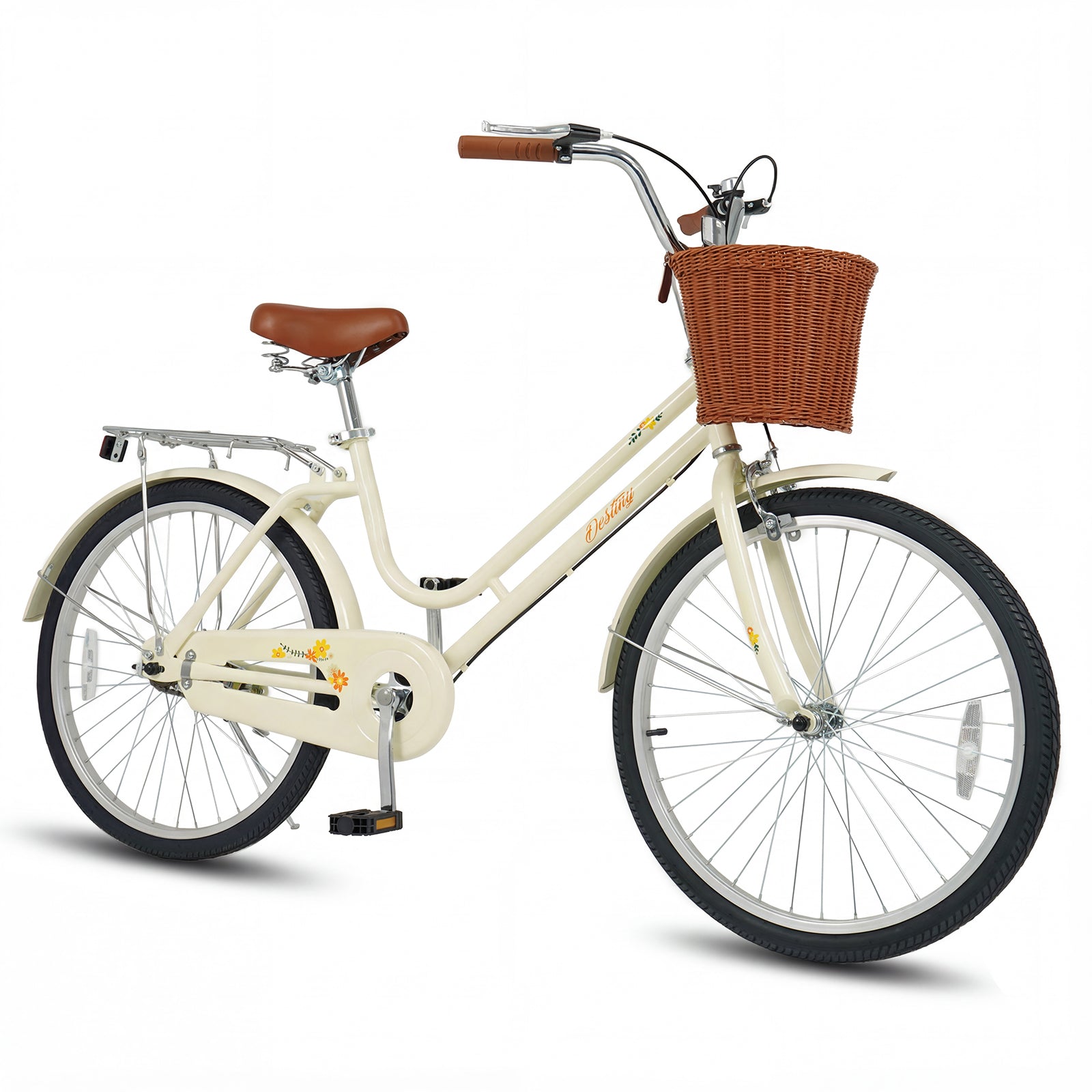 DirectDeals 24/26in beach cruiser bike with front wicker basket and rear rack, cream color on Tampa Home & Garden Store