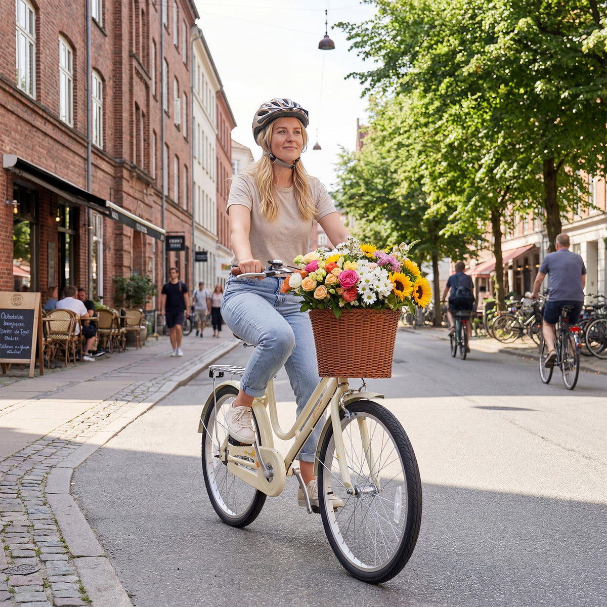 DirectDeals 24/26in beach cruiser bike in cream with a front flower basket and rear rack on Tampa Home & Garden Store
