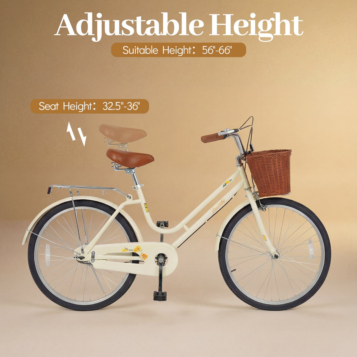 Cruiser Bike DirectDeals 24/26 inch cream beach bike with front wicker basket and rear rack on Tampa Home & Garden Store