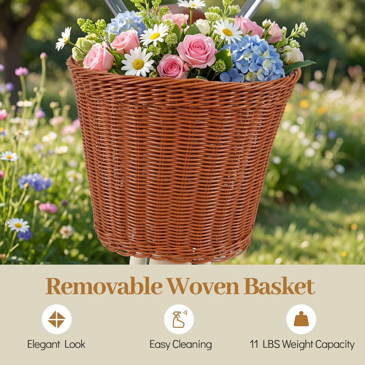 DirectDeals 24/26 Inch Beach Cruiser Bike with woven front basket filled with pink roses on Tampa Home & Garden Store