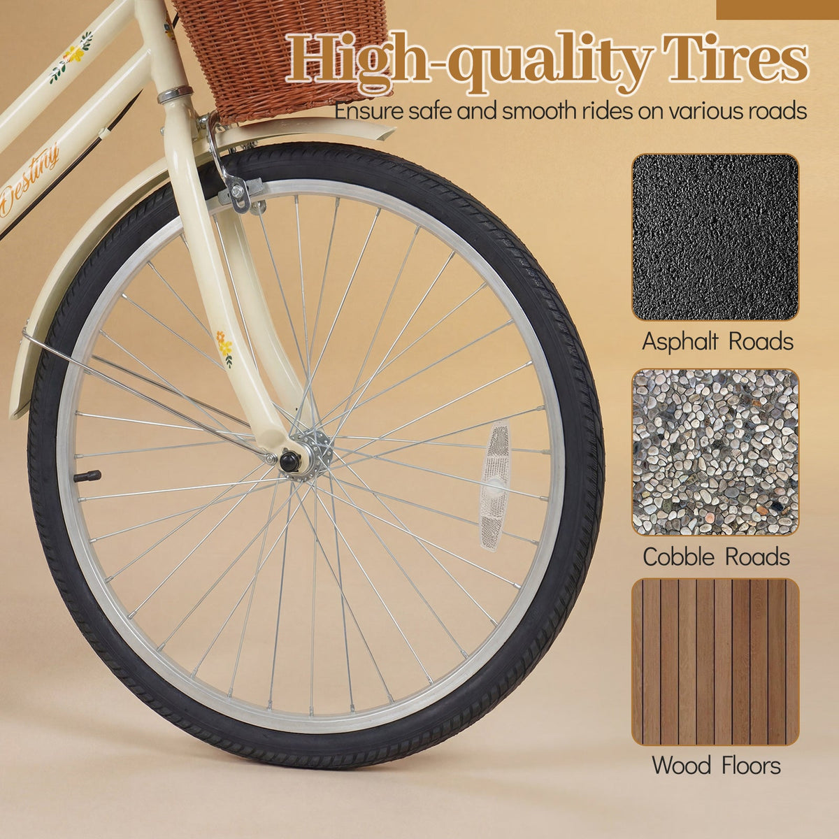 Beach cruiser bike with front wicker basket, beige frame and 24/26 inch wheels on Tampa Home & Garden Store