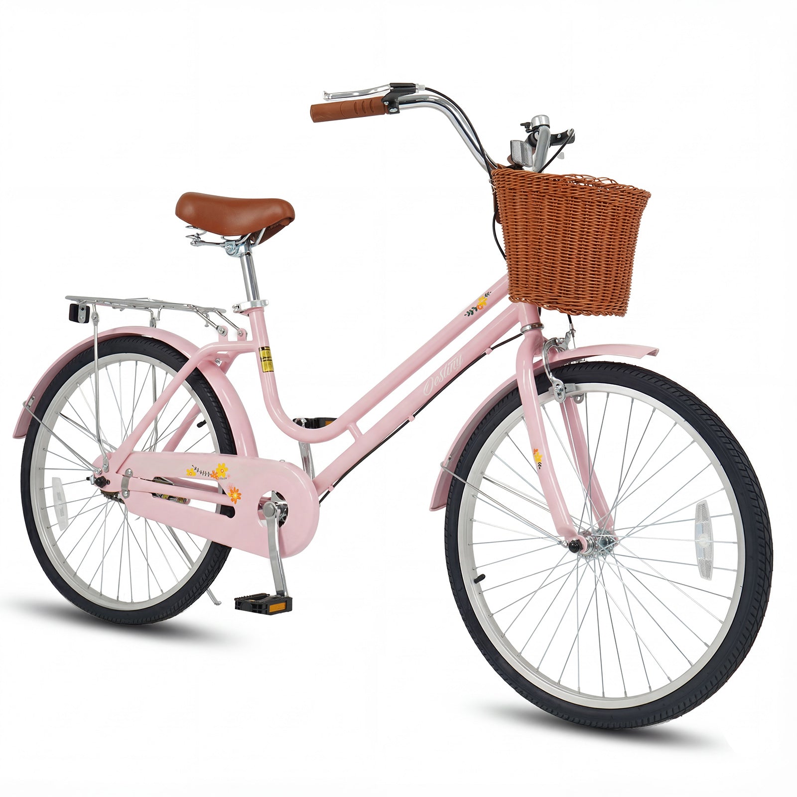 DirectDeals 26in women's beach cruiser bike with brown saddle, wicker front basket and rear rack on Tampa Home & Garden Store
