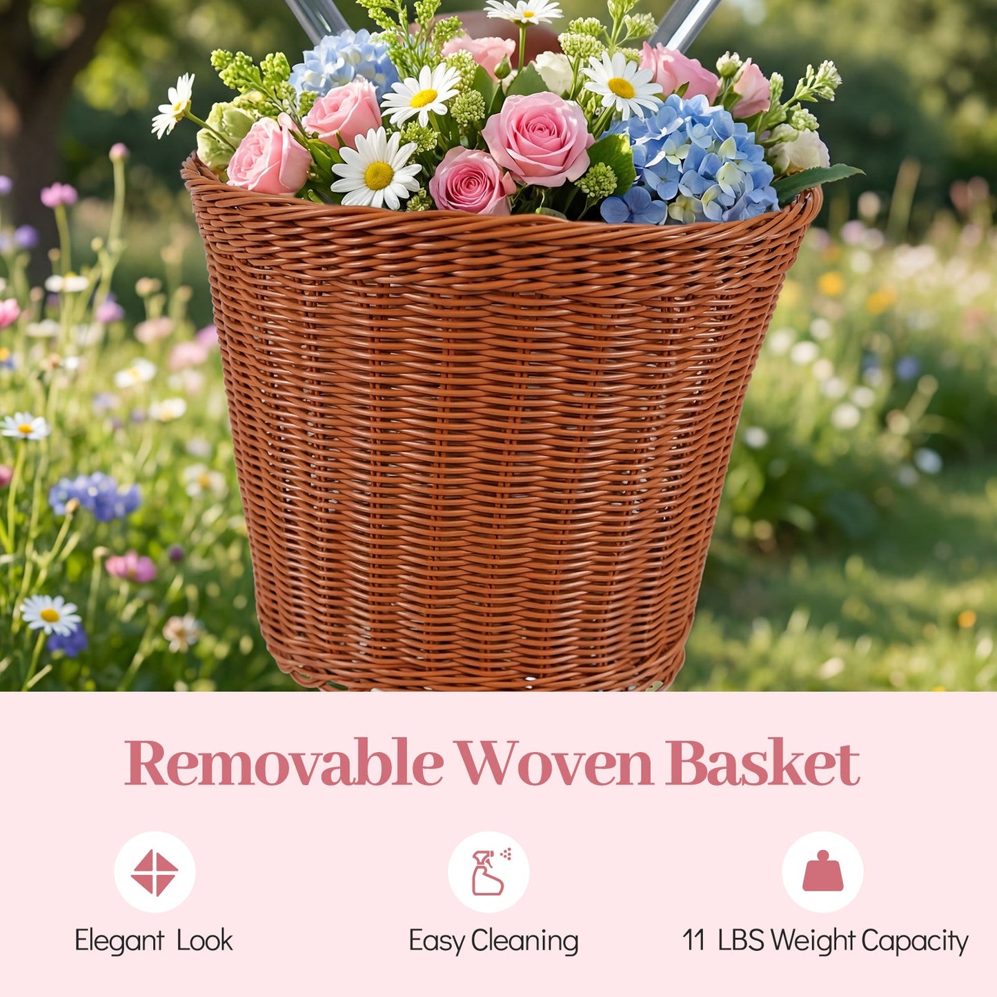 Removable woven basket on bicycle handle with pink roses, white daisies, and blue hydrangeas on Tampa Home & Garden Store