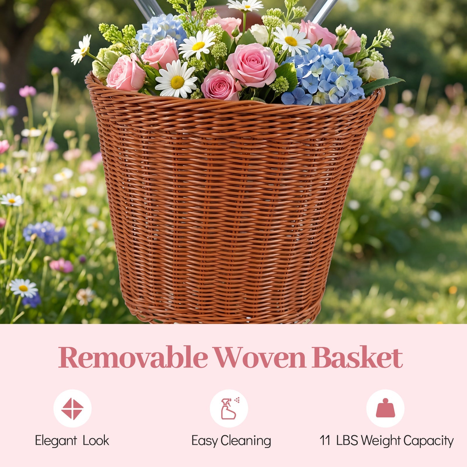 Removable woven basket on bicycle handle with pink roses, white daisies, and blue hydrangeas on Tampa Home & Garden Store