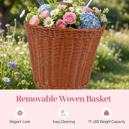 Removable woven basket on bicycle handle with pink roses, white daisies, and blue hydrangeas on Tampa Home & Garden Store