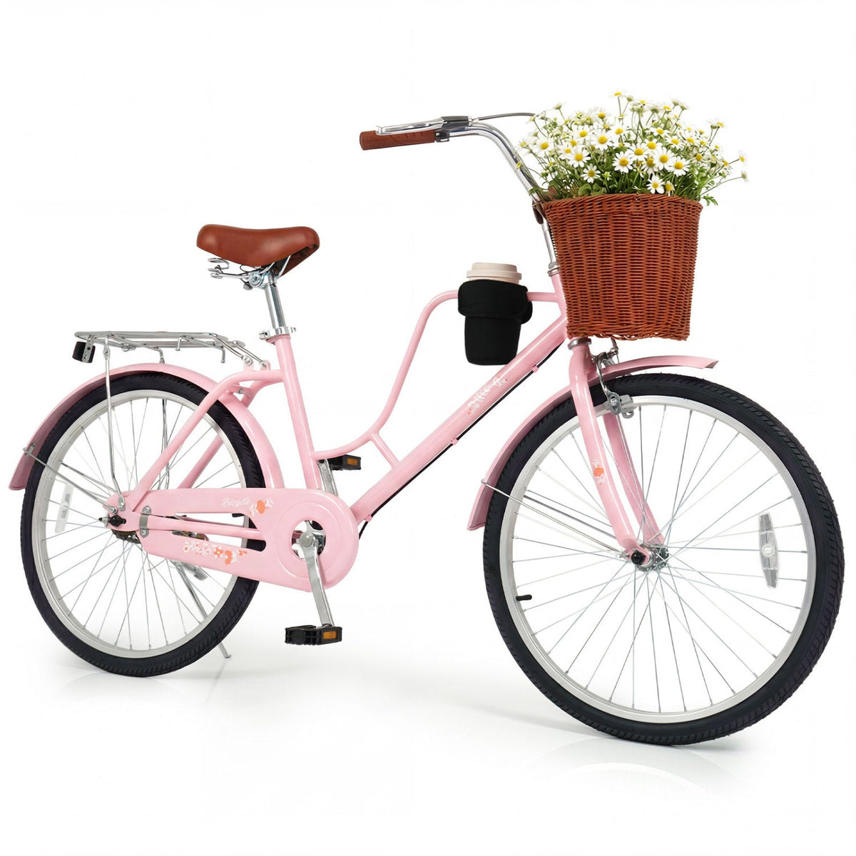 26-Inch Beach Cruiser Bike DirectDeals pink with front wicker basket and cup holder on Tampa Home & Garden Store