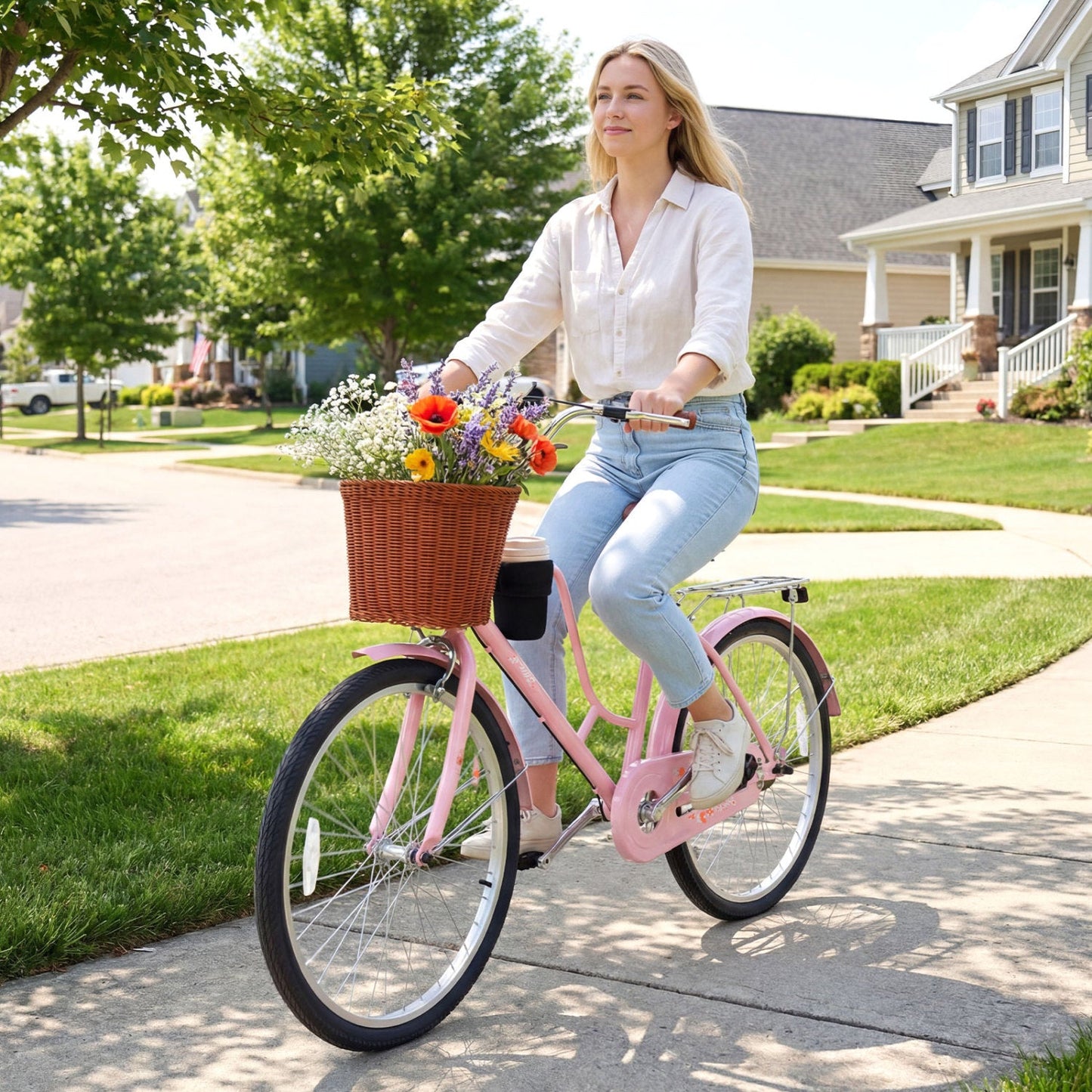 Pink 26-inch beach cruiser bike with wicker basket and cup holder DirectDeals on Tampa Home & Garden Store
