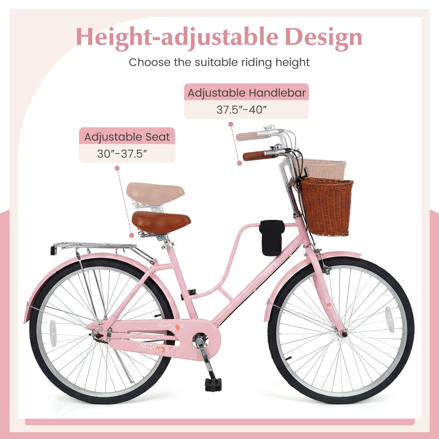 26-Inch pink beach cruiser bike with wicker basket and cup holder, adjustable seat/handlebar on Tampa Home & Garden Store