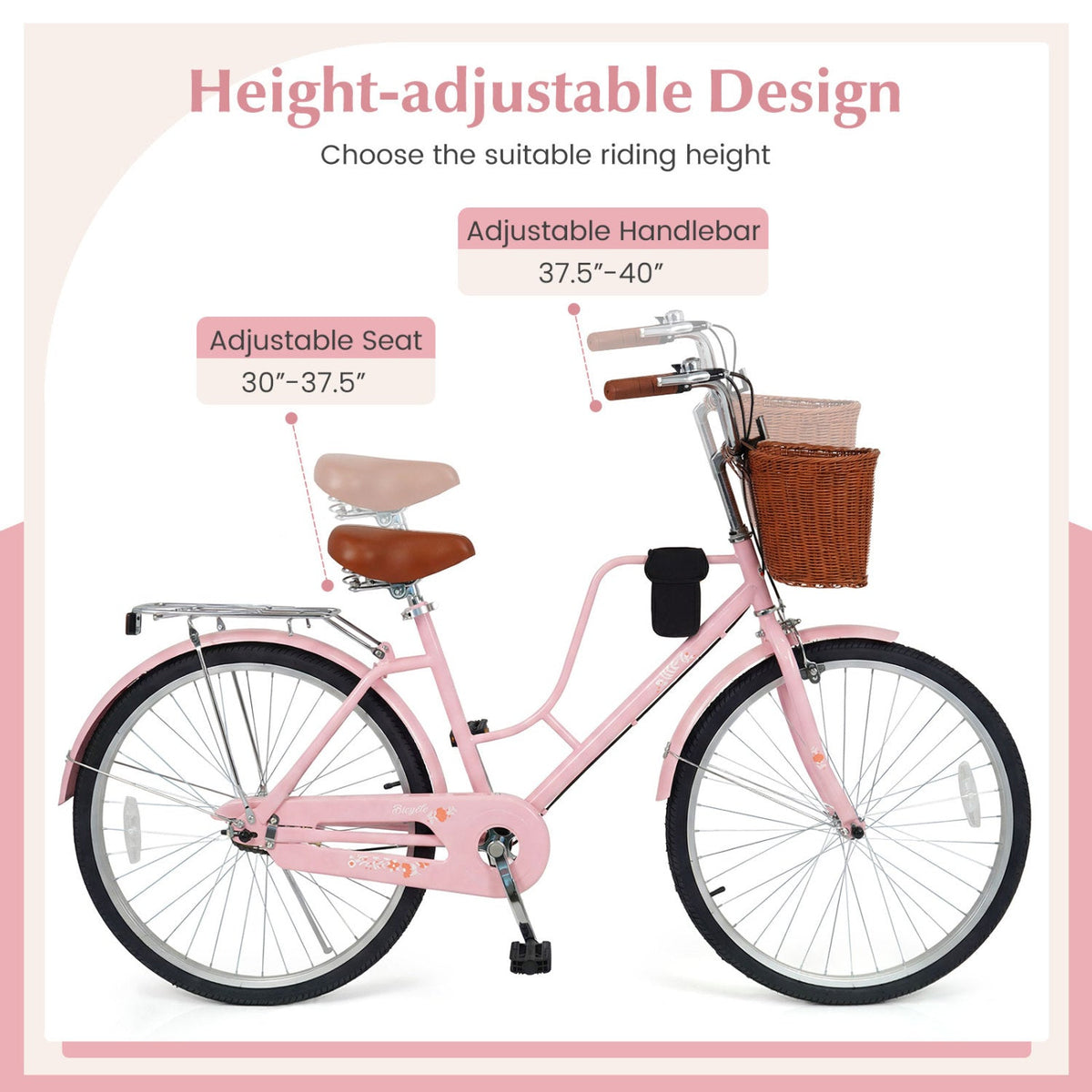 26-Inch pink beach cruiser bike with wicker basket and cup holder, adjustable seat/handlebar on Tampa Home & Garden Store