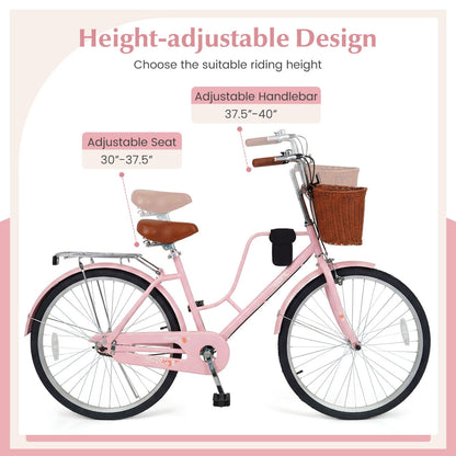 26-Inch pink beach cruiser bike with wicker basket and cup holder, adjustable seat/handlebar on Tampa Home & Garden Store