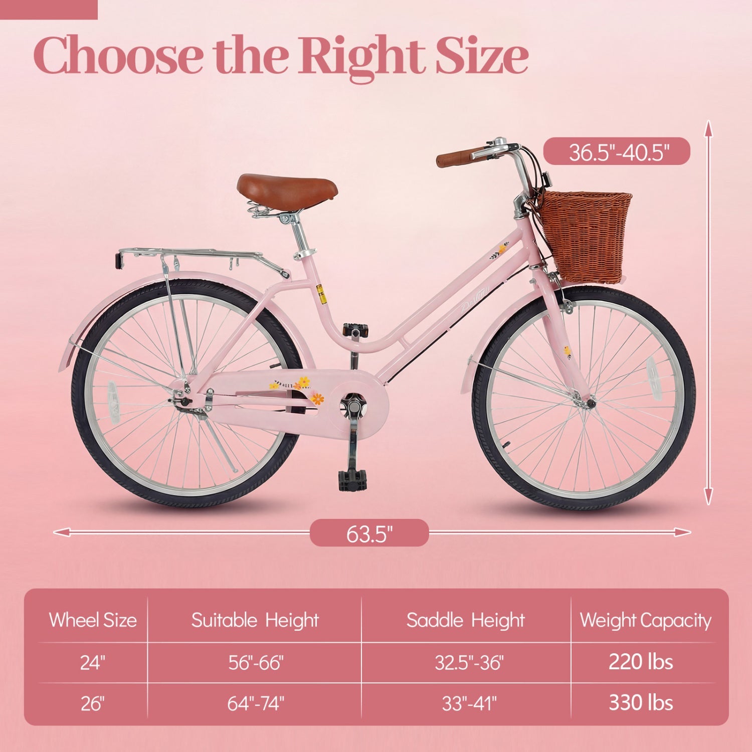 DirectDeals 26-inch Pink Beach Cruiser Bike with front wicker basket and rear rack on Tampa Home & Garden Store