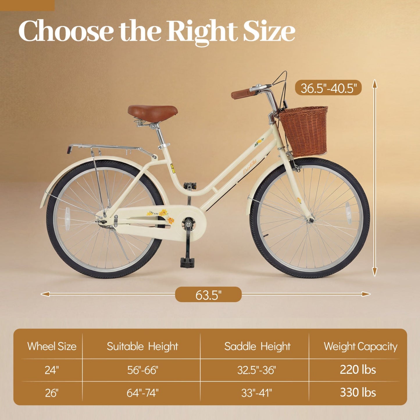 Beach Cruiser Bike 24/26in DirectDeals with brown saddle and wicker front basket rear rack on Tampa Home & Garden Store