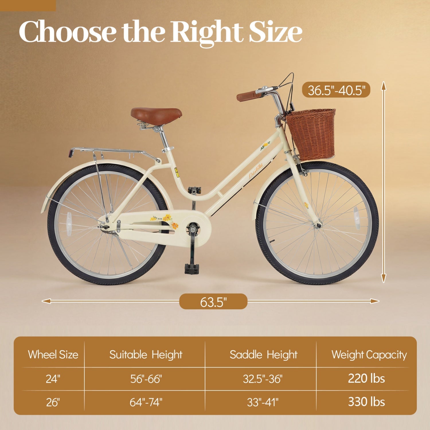 Beach Cruiser Bike 24/26in DirectDeals with brown saddle and wicker front basket rear rack on Tampa Home & Garden Store