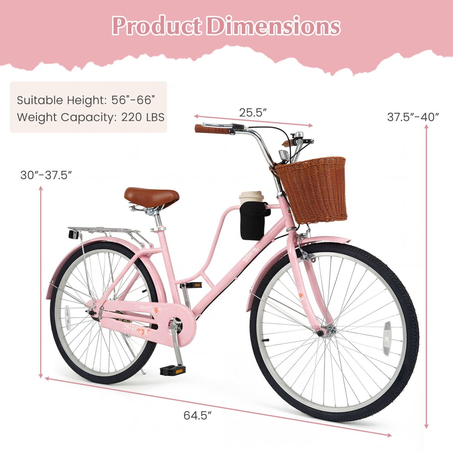 26-Inch Pink Beach Cruiser Bike by DirectDeals with basket and cup holder, brown saddle on Tampa Home & Garden Store