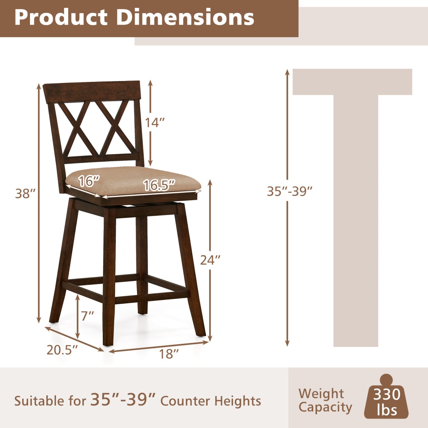 24 Inch Counter Height Barstools Set of 4 with Backrest and Upholstered Seat Cushion - Tampa Home & Garden Store