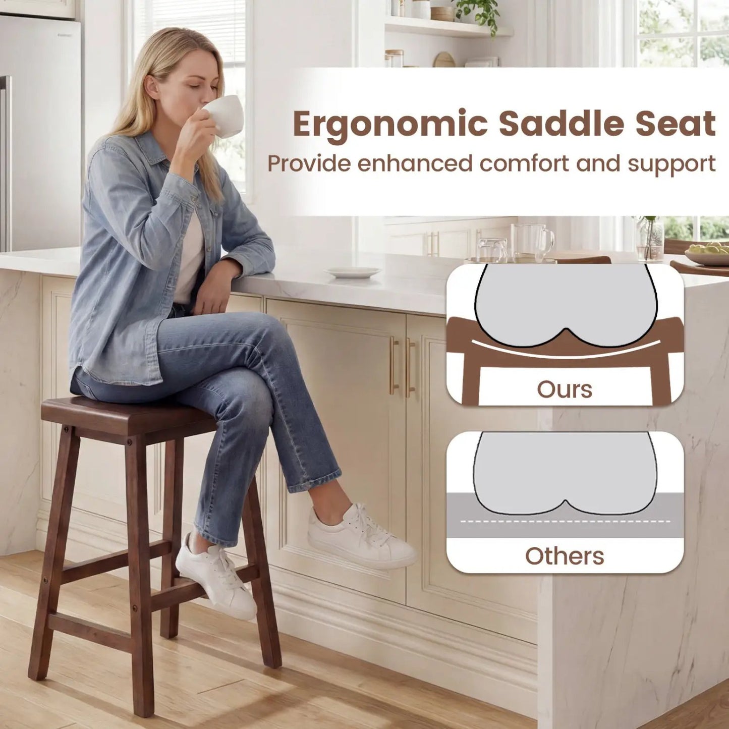 24 Inch Counter Height Wood Saddle Stools Set 2