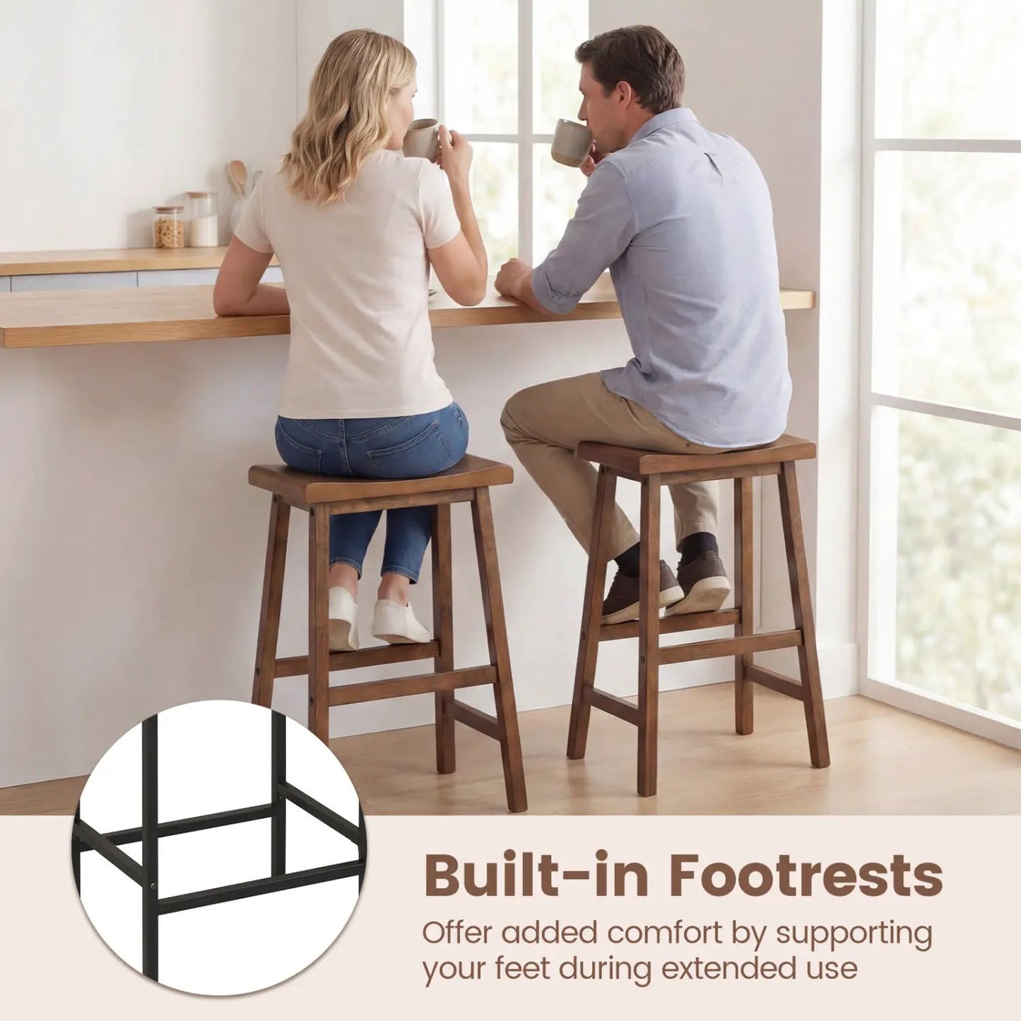 24 Inch Counter Height Wood Saddle Stools Set 2