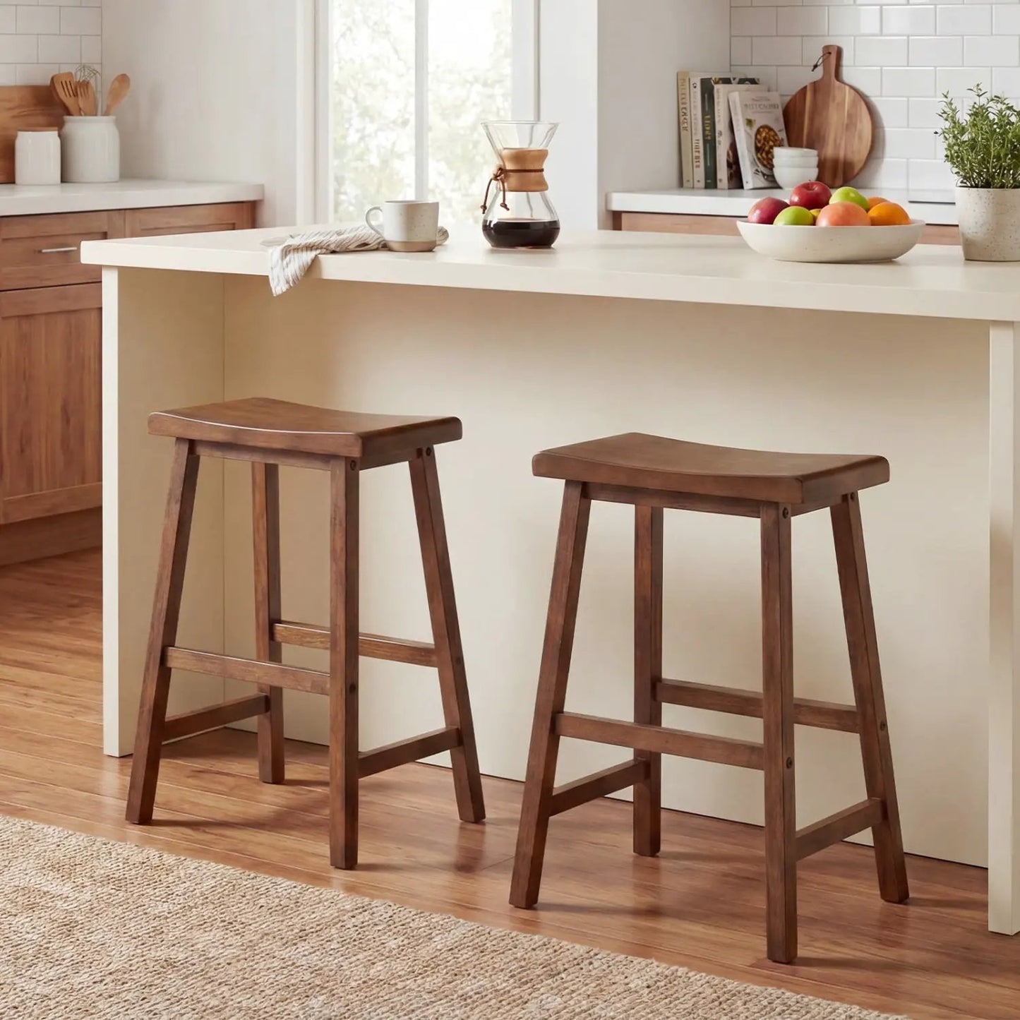 24 Inch Counter Height Wood Saddle Stools Set 2