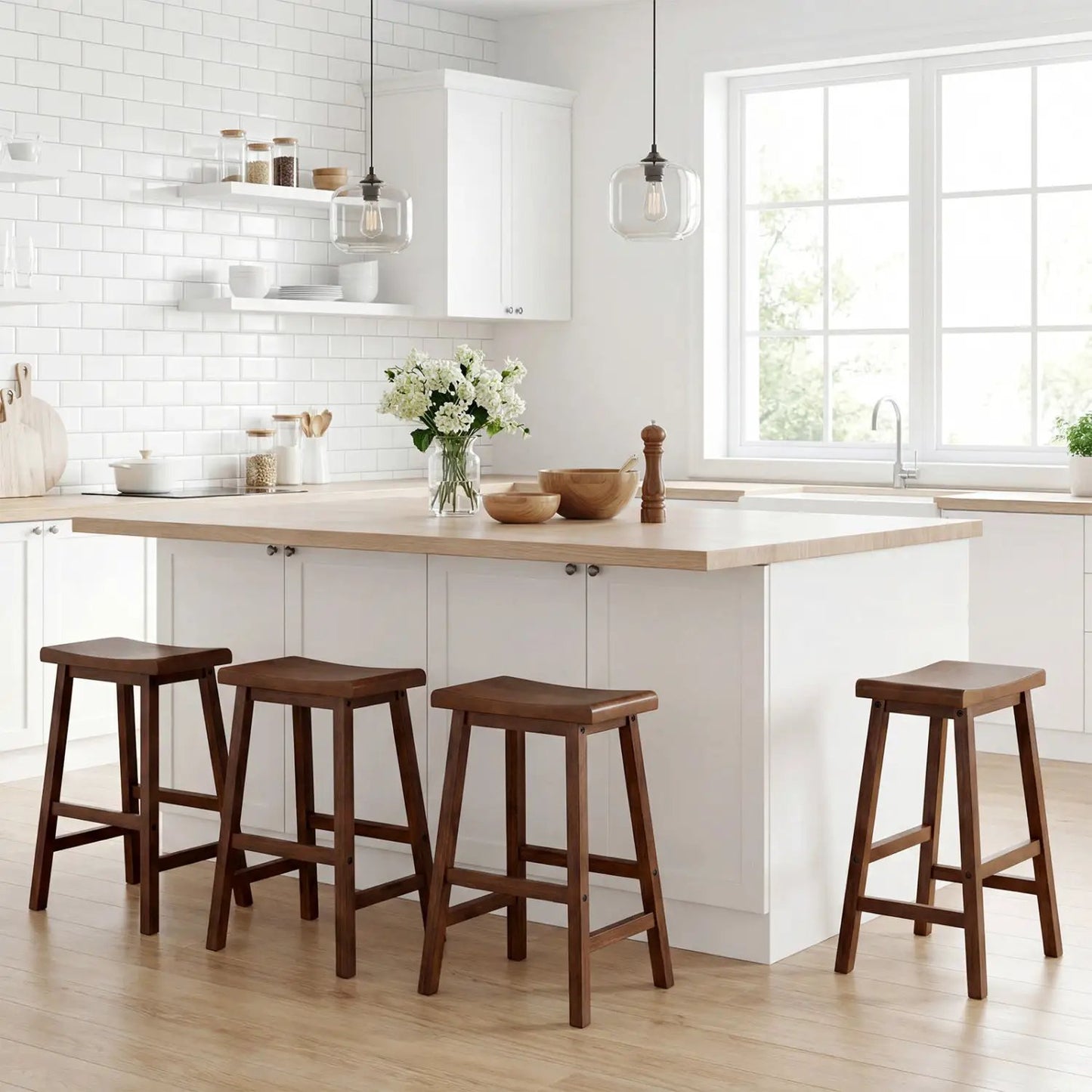 24 Inch Counter Height Wood Saddle Stools Set 2