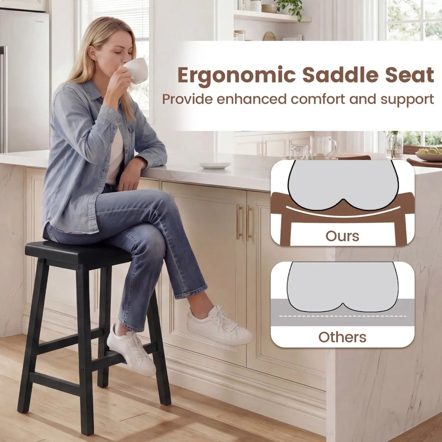 24 Inch Counter Height Wood Saddle Stools Set 2