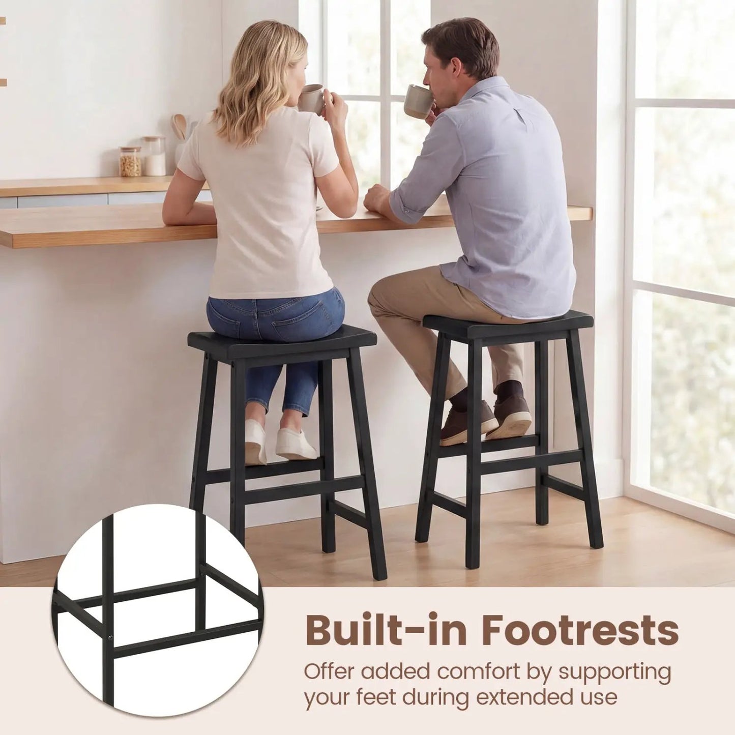 24 Inch Counter Height Wood Saddle Stools Set 2