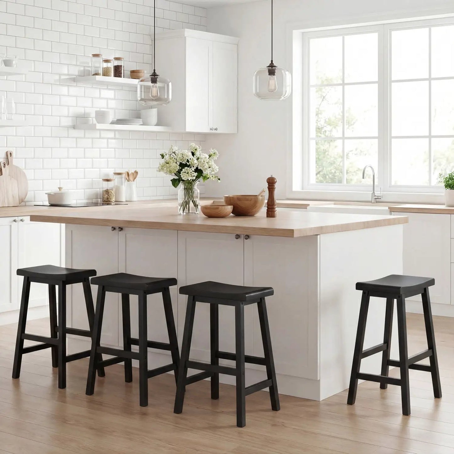 24 Inch Counter Height Wood Saddle Stools Set 2