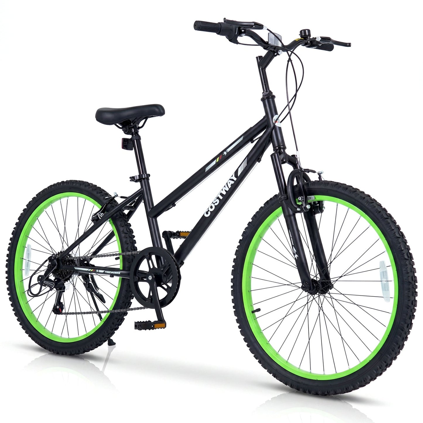 24 Inch Kids Mountain Bike DirectDeals with 7-Speed Suspension, black frame, neon green rims on Tampa Home & Garden Store