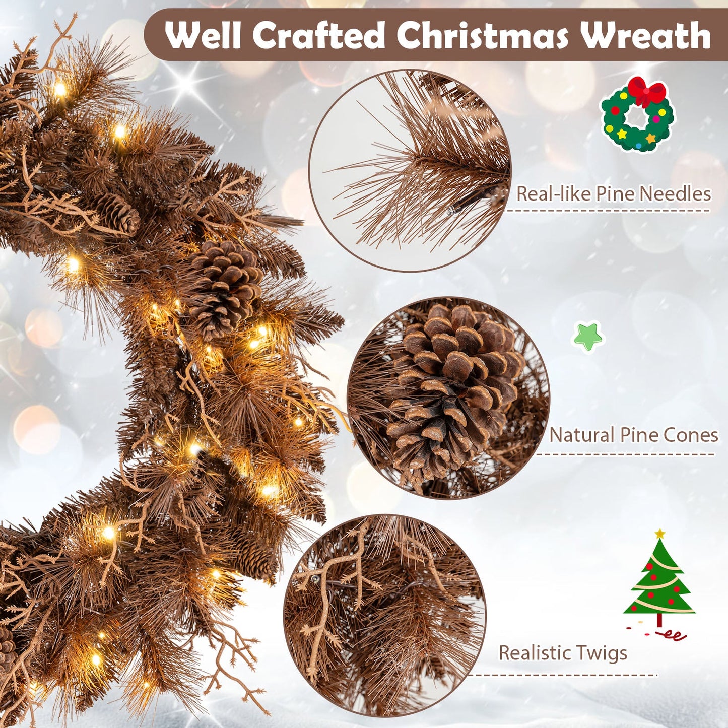 24 Inch Pre-lit Christmas Wreath with 105 Branch Tips and 35 Warm White LED Lights
