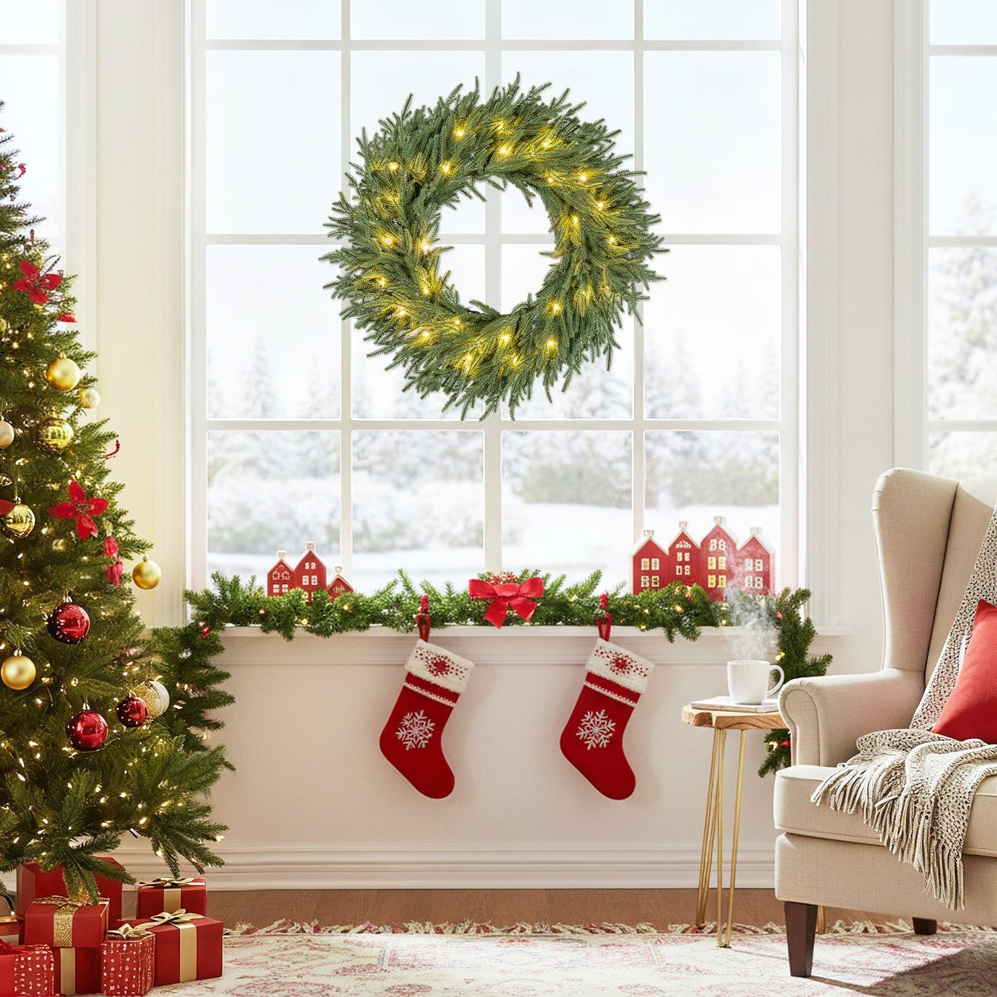 24-inch pre-lit wreath with 108 branch tips and 35 warm white LEDs DirectDeals wall/window on Tampa Home & Garden Store