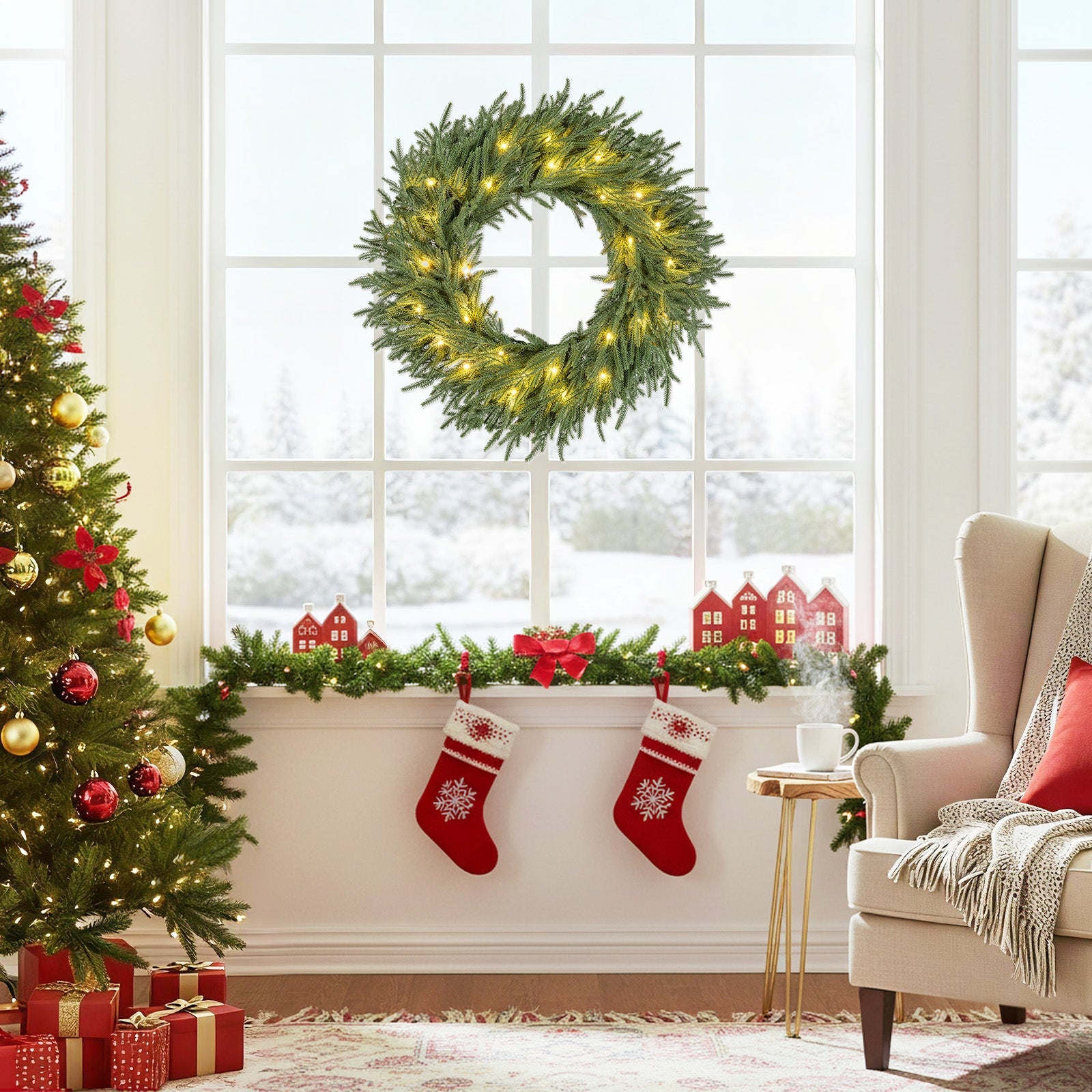 24 Inch Pre-lit Christmas Wreath with 108 branch tips and 35 warm white LEDs, green faux pine on Tampa Home & Garden Store