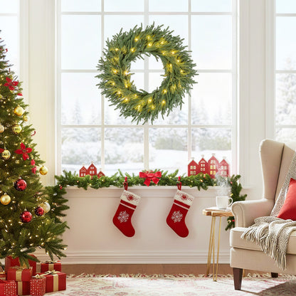 24 Inch Pre-lit Christmas Wreath with 108 branch tips and 35 warm white LEDs, green faux pine on Tampa Home & Garden Store