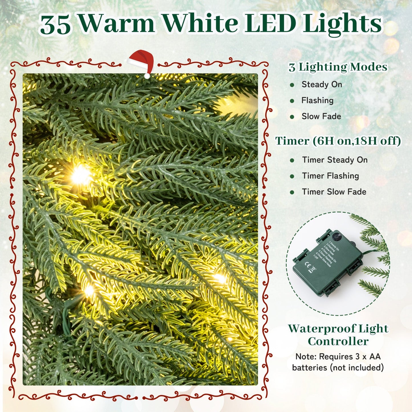 24-inch pre-lit Christmas wreath with warm white LED lights on dense evergreen branches on Tampa Home & Garden Store