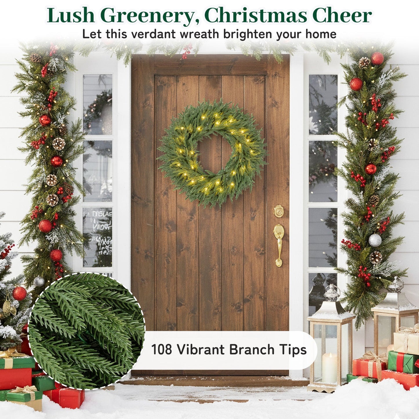 DirectDeals 24 inch pre-lit Christmas wreath with 108 branch tips and 35 warm white LED lights on Tampa Home & Garden Store