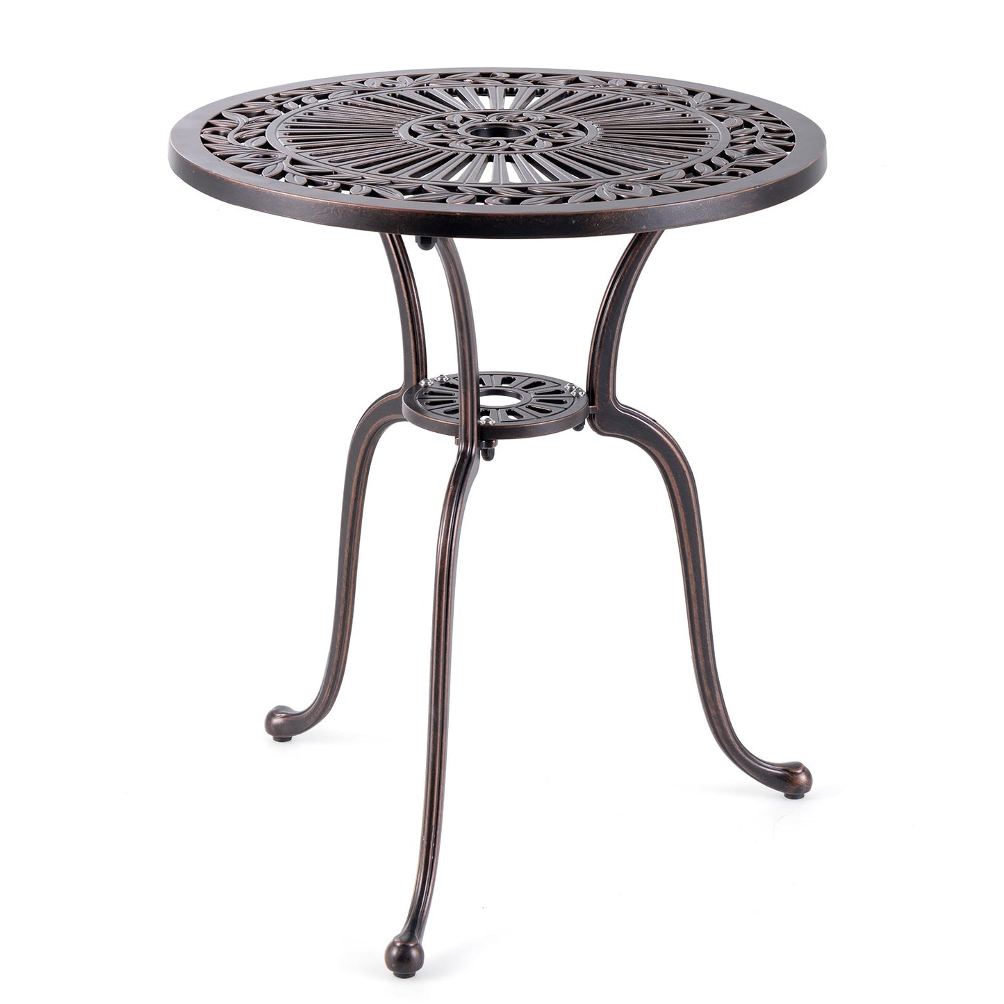 Mesa redonda de bistró de 24 pulgadas de aluminio fundido para patio con orificio para sombrilla de 2 pulgadas - Cobre