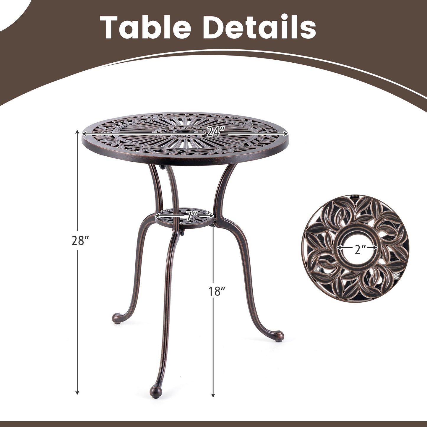 Mesa redonda de bistró de 24 pulgadas de aluminio fundido para patio con orificio para sombrilla de 2 pulgadas - Cobre