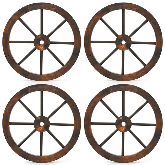 24 Inch Set of 4 Decorative Wooden Wagon Wheel Carbonized Solid Fir Wood