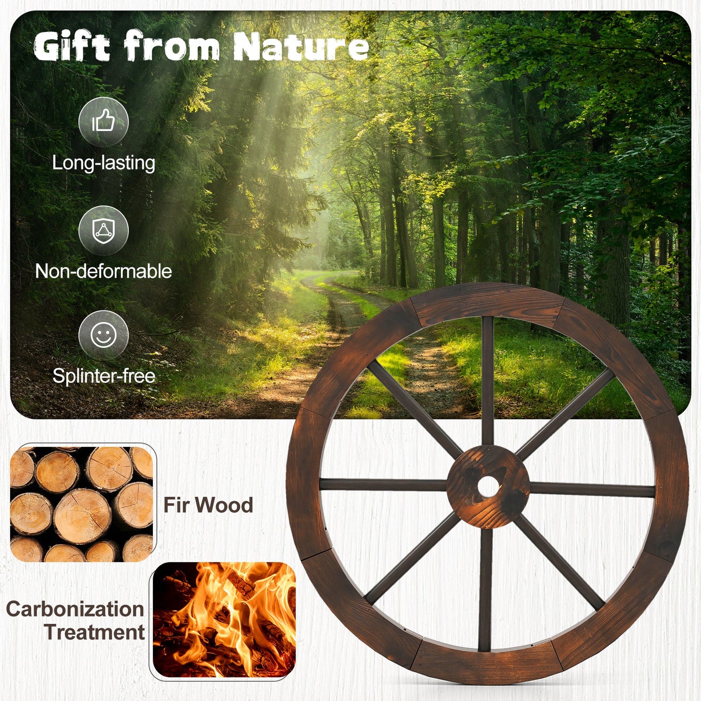 24 Inch Set of 4 Decorative Wooden Wagon Wheel Carbonized Solid Fir Wood