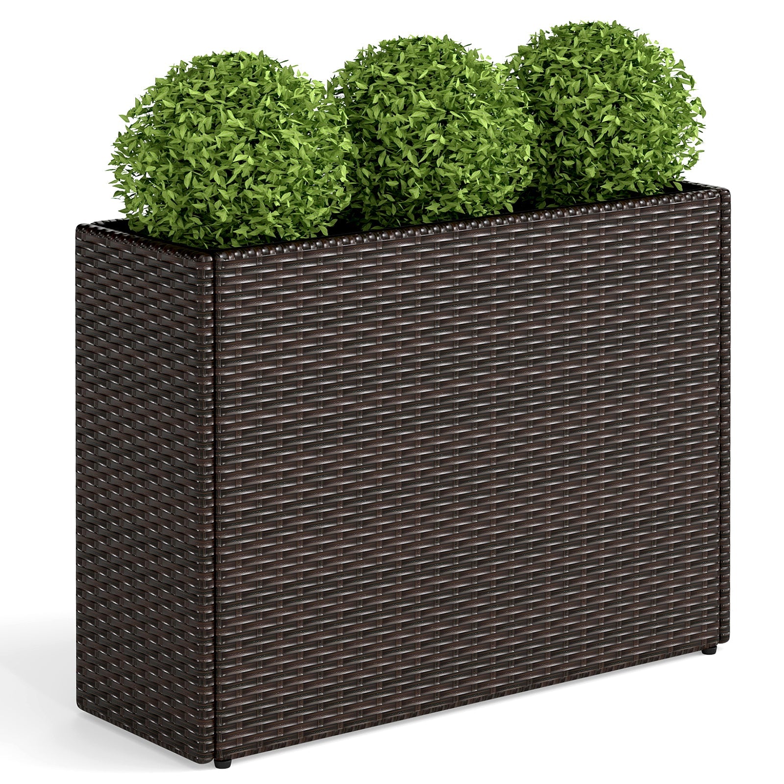 Raised garden bed planter, 24 Inch tall, liner, PE rattan wicker, three green topiary balls on Tampa Home & Garden Store