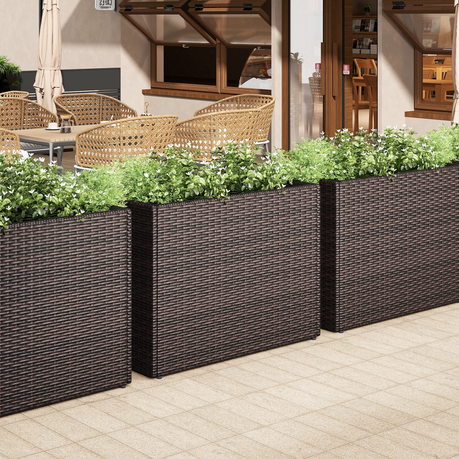24 Inch Tall Raised Garden Bed All-Weather PE Rattan Wicker Flowerpot with Liner, dark brown planters filled with greenery along a patio on Tampa Home & Garden Store