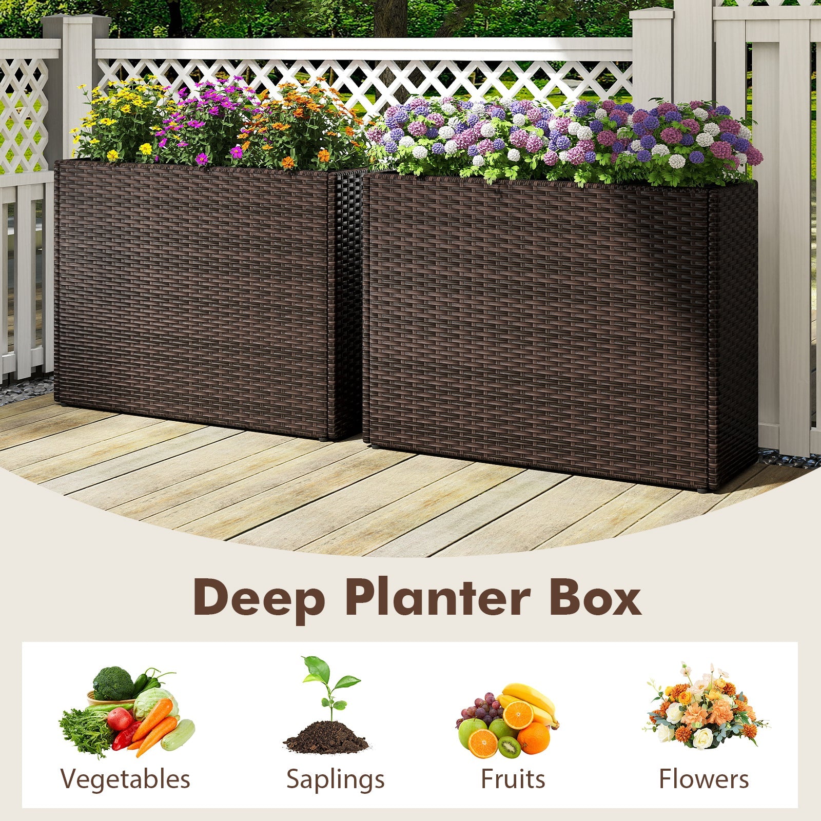 Set of 2 brown 24in tall PE rattan planters with liners, deep boxes filled with flowers on Tampa Home & Garden Store