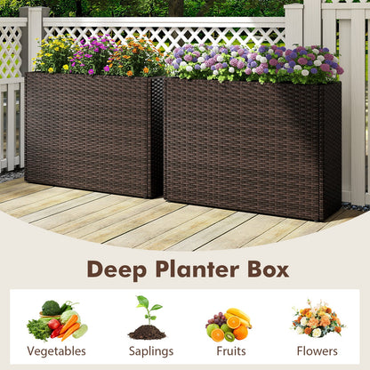 Set of 2 brown 24in tall PE rattan planters with liners, deep boxes filled with flowers on Tampa Home & Garden Store