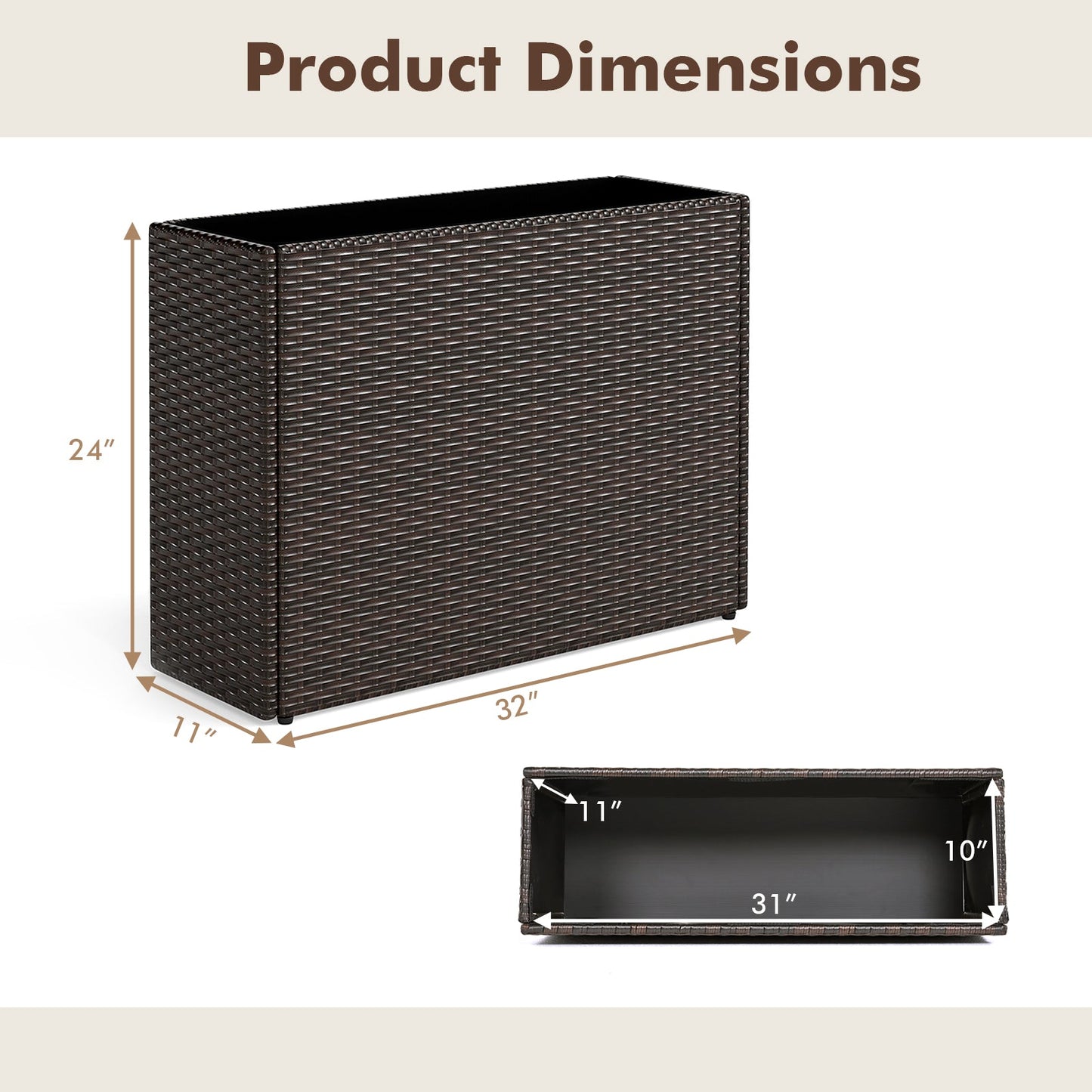 Raised garden bed planter DirectDeals brown PE rattan wicker with liner, 24in tall, 32in long on Tampa Home & Garden Store