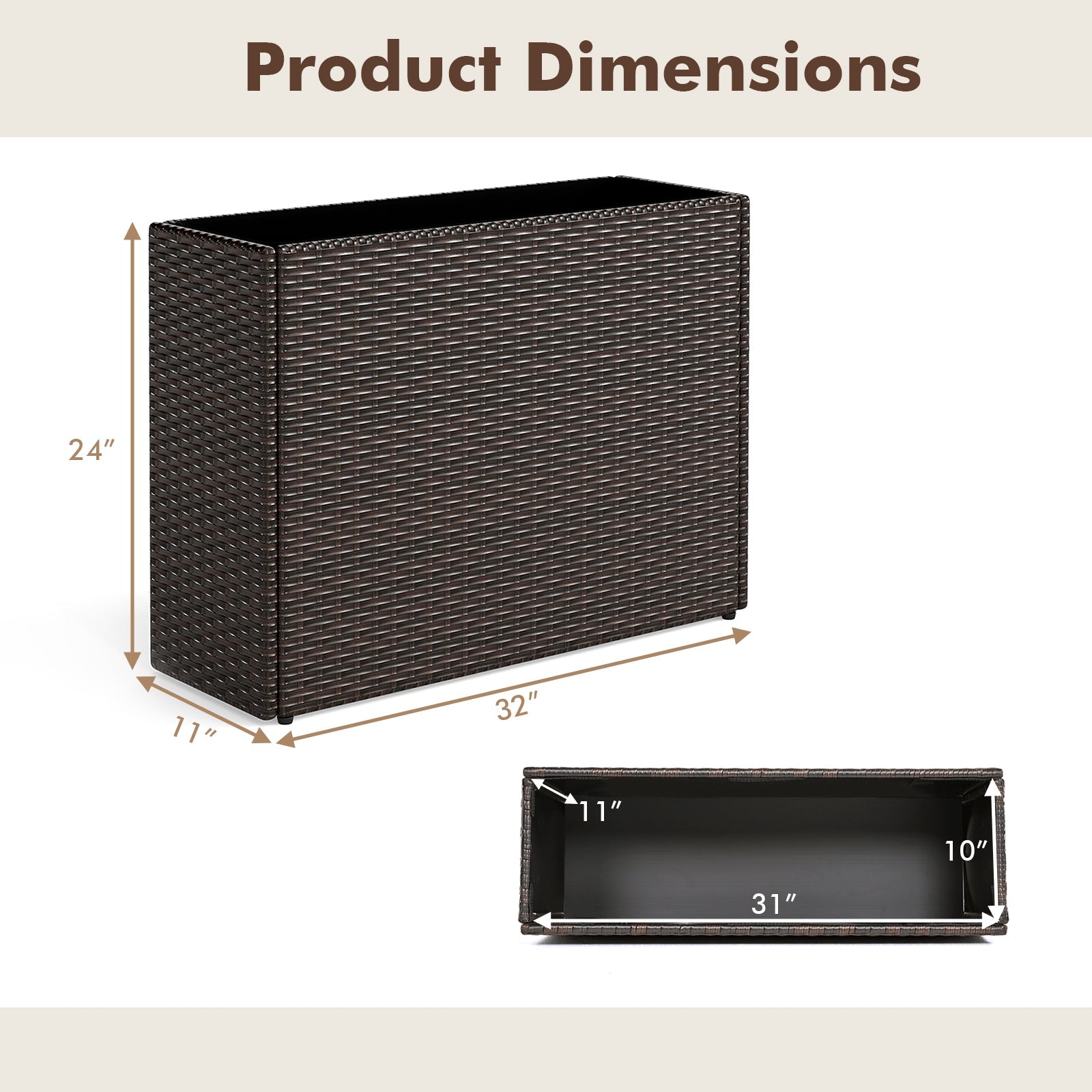 Raised garden bed planter DirectDeals brown PE rattan wicker with liner, 24in tall, 32in long on Tampa Home & Garden Store