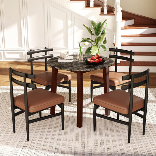 35 Inch Round Dining Table with Rubber Wood Legs and Marble-textured Veneer Tabletop-Brown - Tampa Home & Garden Store