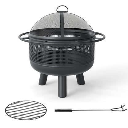 24 Inch Wood Burning Fire Pit with Log Grate and Mesh Screen for Outside