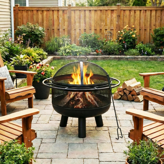 24 Inch Wood Burning Fire Pit with Log Grate and Mesh Screen for Outside