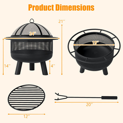 24 Inch Wood Burning Fire Pit with Log Grate and Mesh Screen for Outside