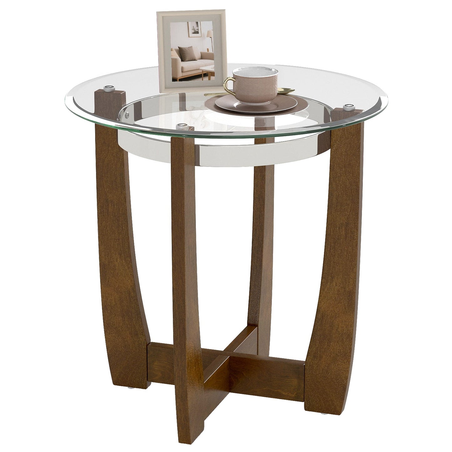 24 Inches Round Side Table with Tempered Glass Top and Solid Rubber Wood Base